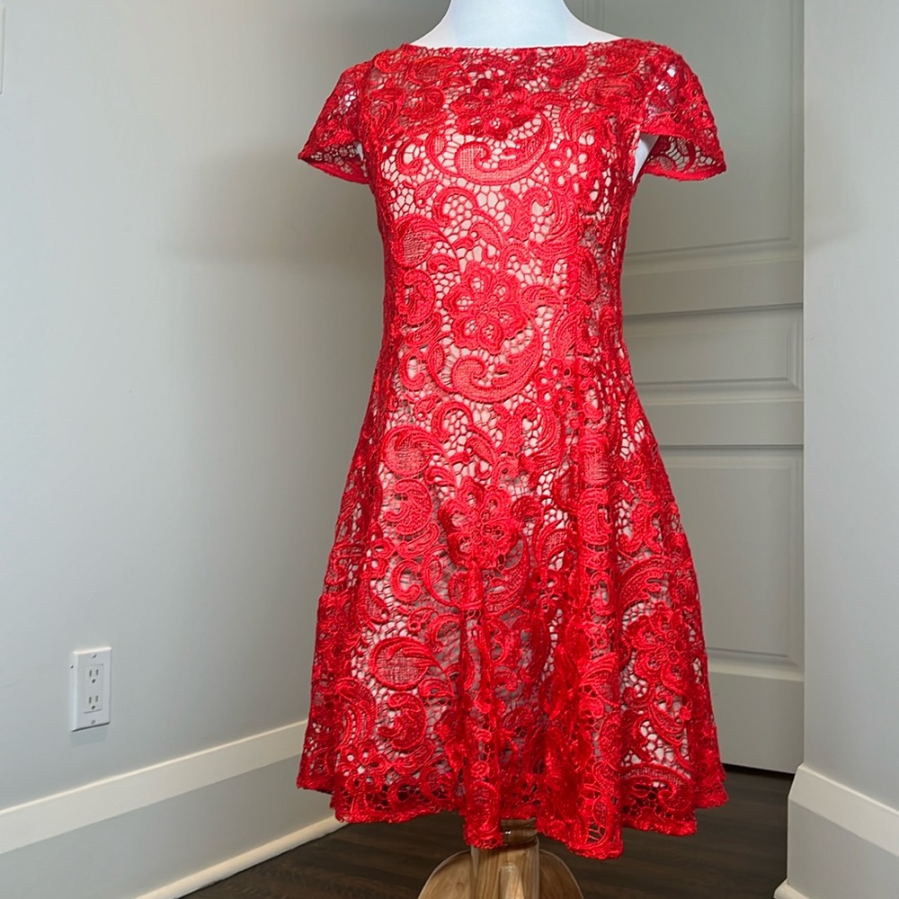 Red Lace Dress with Nude Illusion